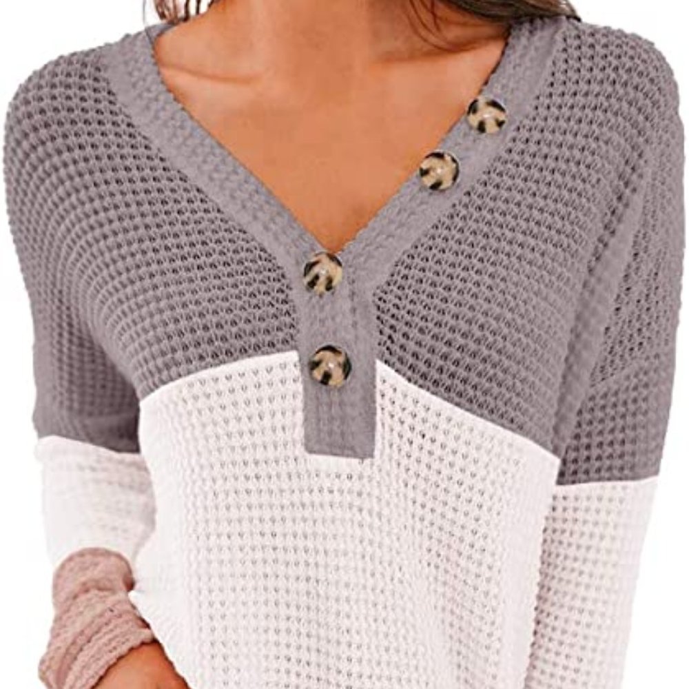 Womens Long Sleeve Waffle Knit T Shirt V Neck Color Block Tunic Blouse
